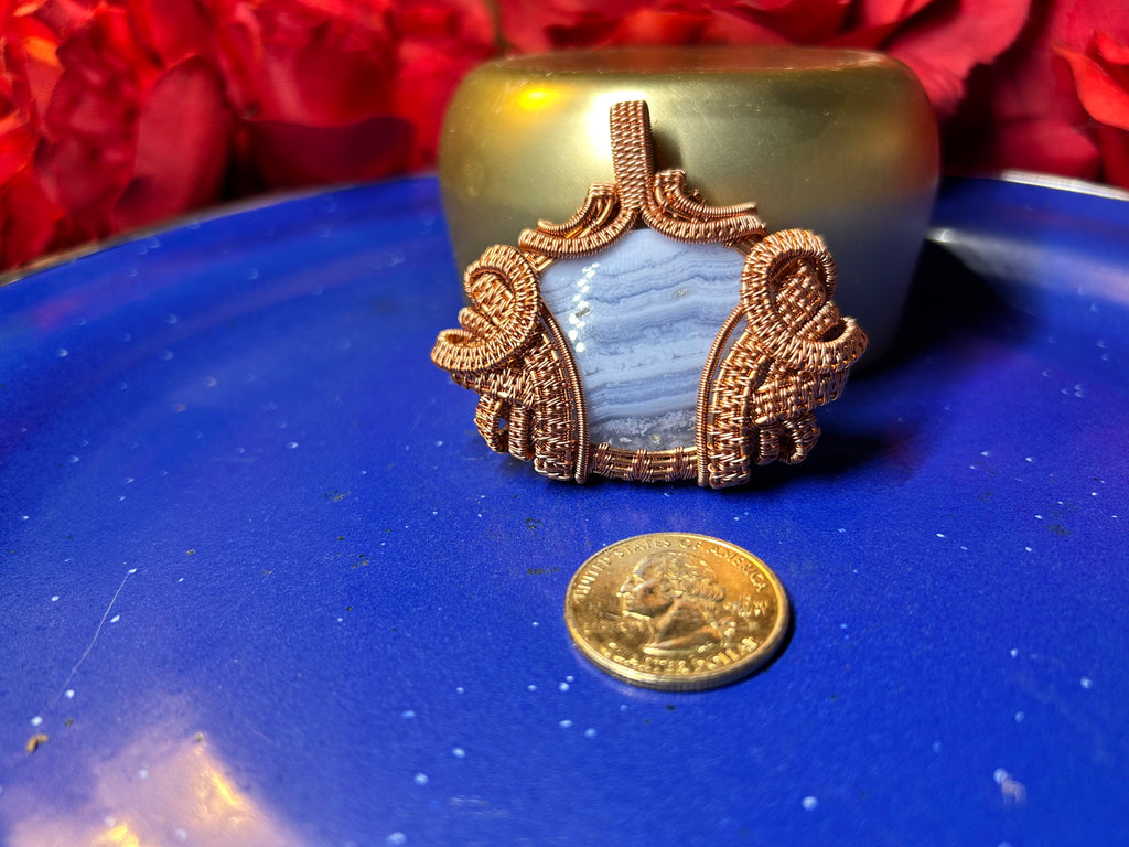 Blue Lace Agate Copper Wire Wrapped Pendant
