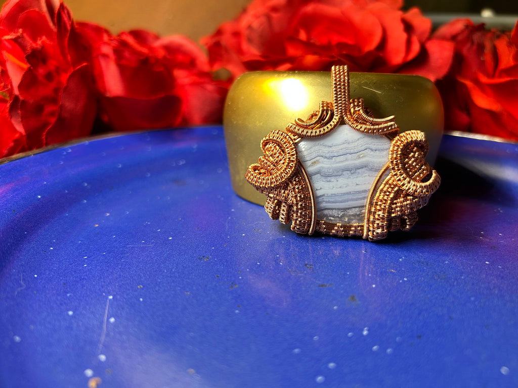 Blue Lace Agate Copper Wire Wrapped Pendant