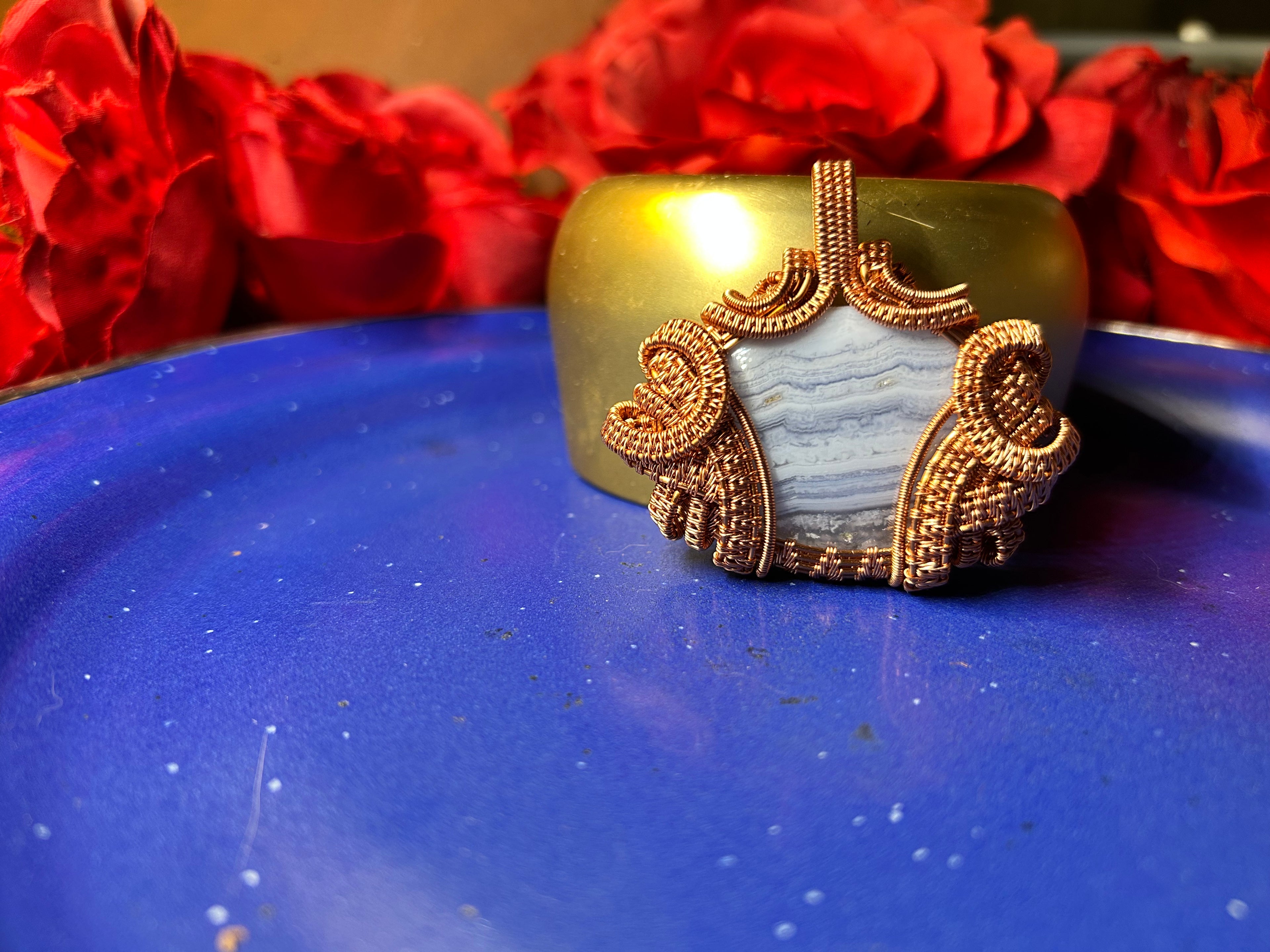 Blue Lace Agate Copper Wire Wrapped Pendant