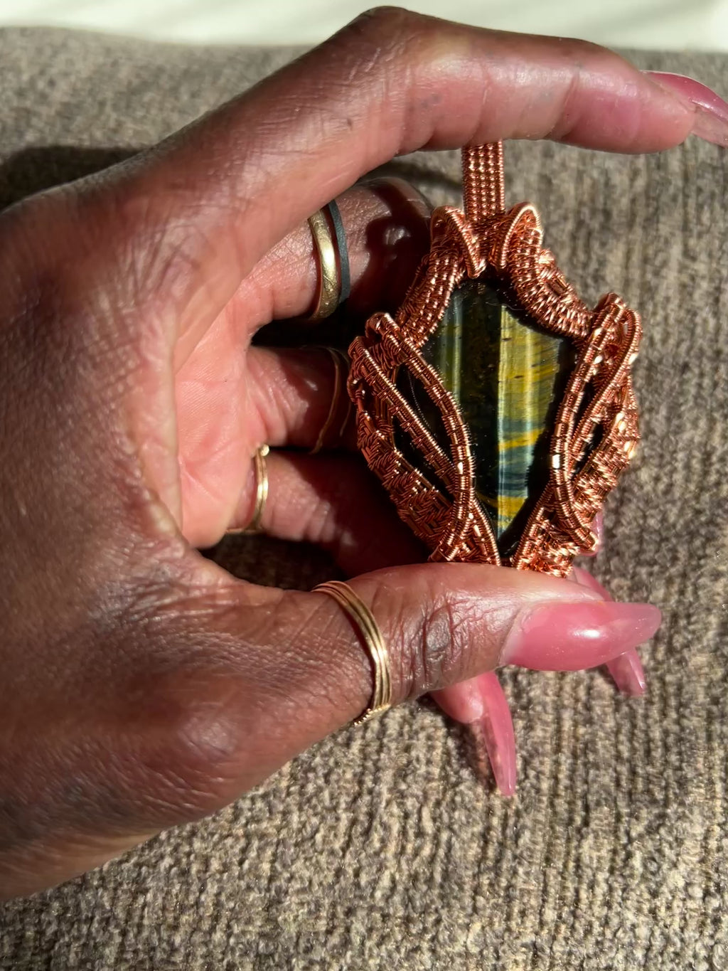 Blue Tiger’s Eye Copper Wire Wrapped Pendant