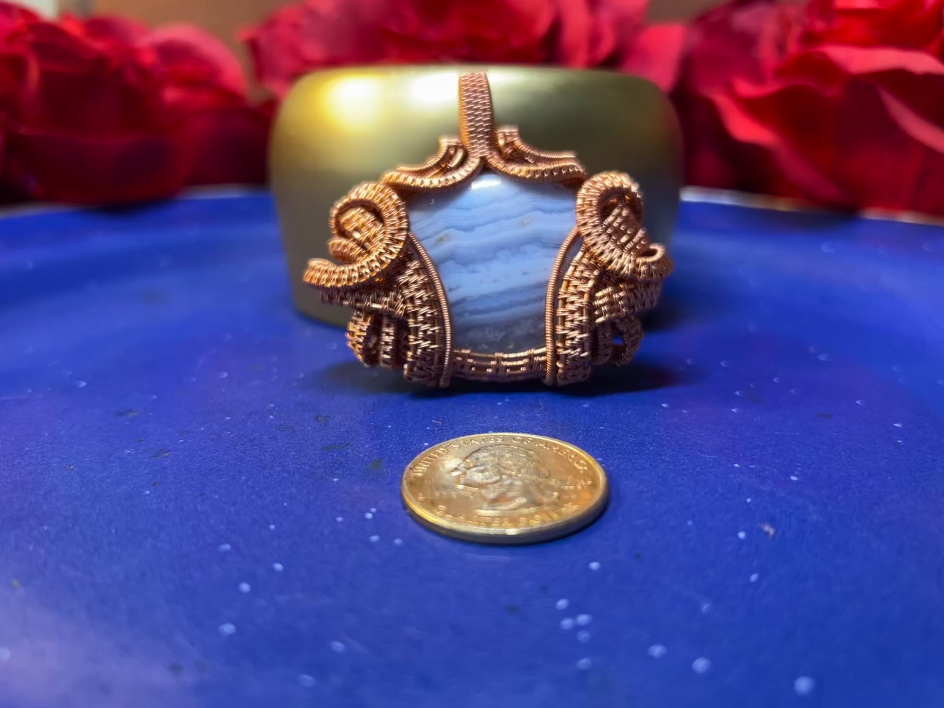 Blue Lace Agate Copper Wire Wrapped Pendant